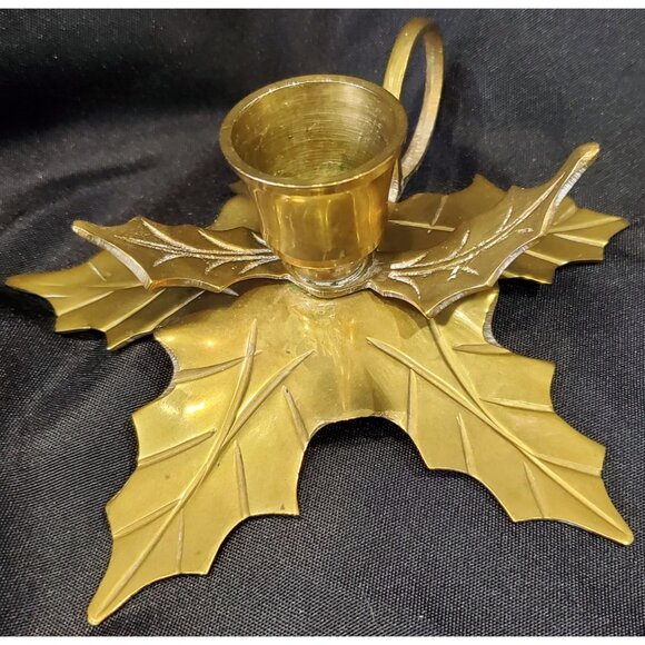 Vintage Brass Holly Leaf CHRISTMAS CANDLE HOLDER taper candlestick metal leaves - Picture 4 of 7